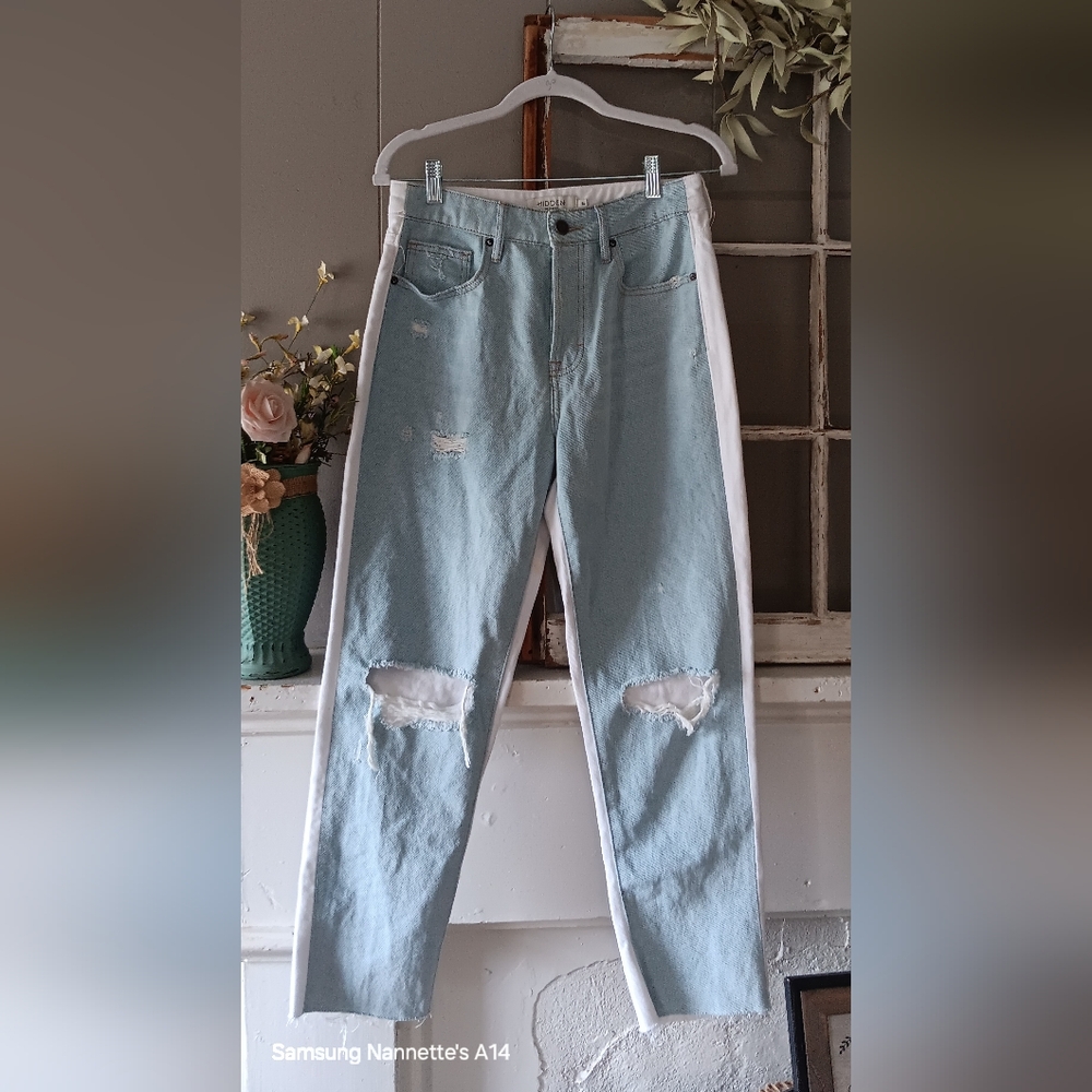 Hidden Los Angeles High Rise Jeans Straight Crop Distressed Blue/White Size 26⚘️